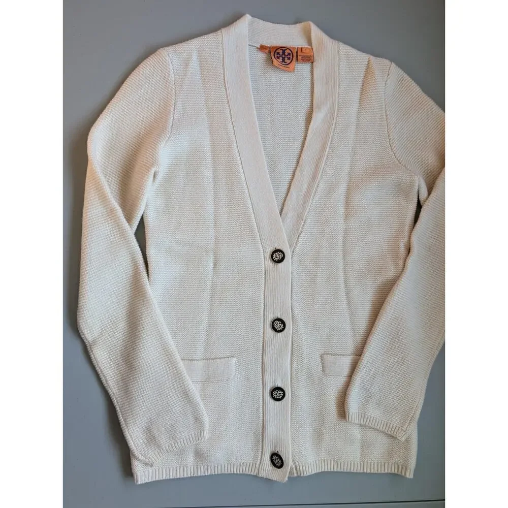 Tory Burch 100% Cashmere Logo Button Cardigan Size S Ivory #1K452